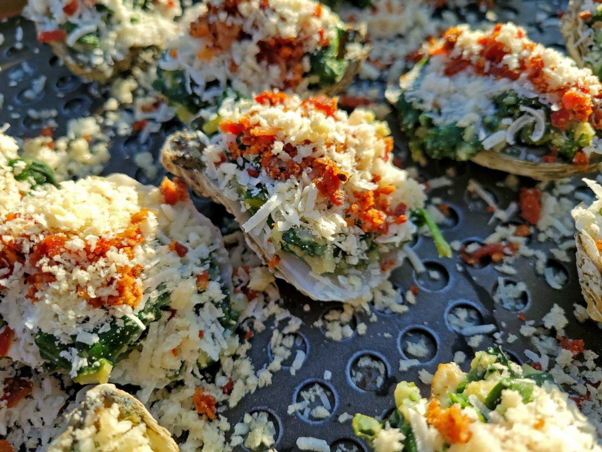 grilled oysters Rockefeller on grill pan