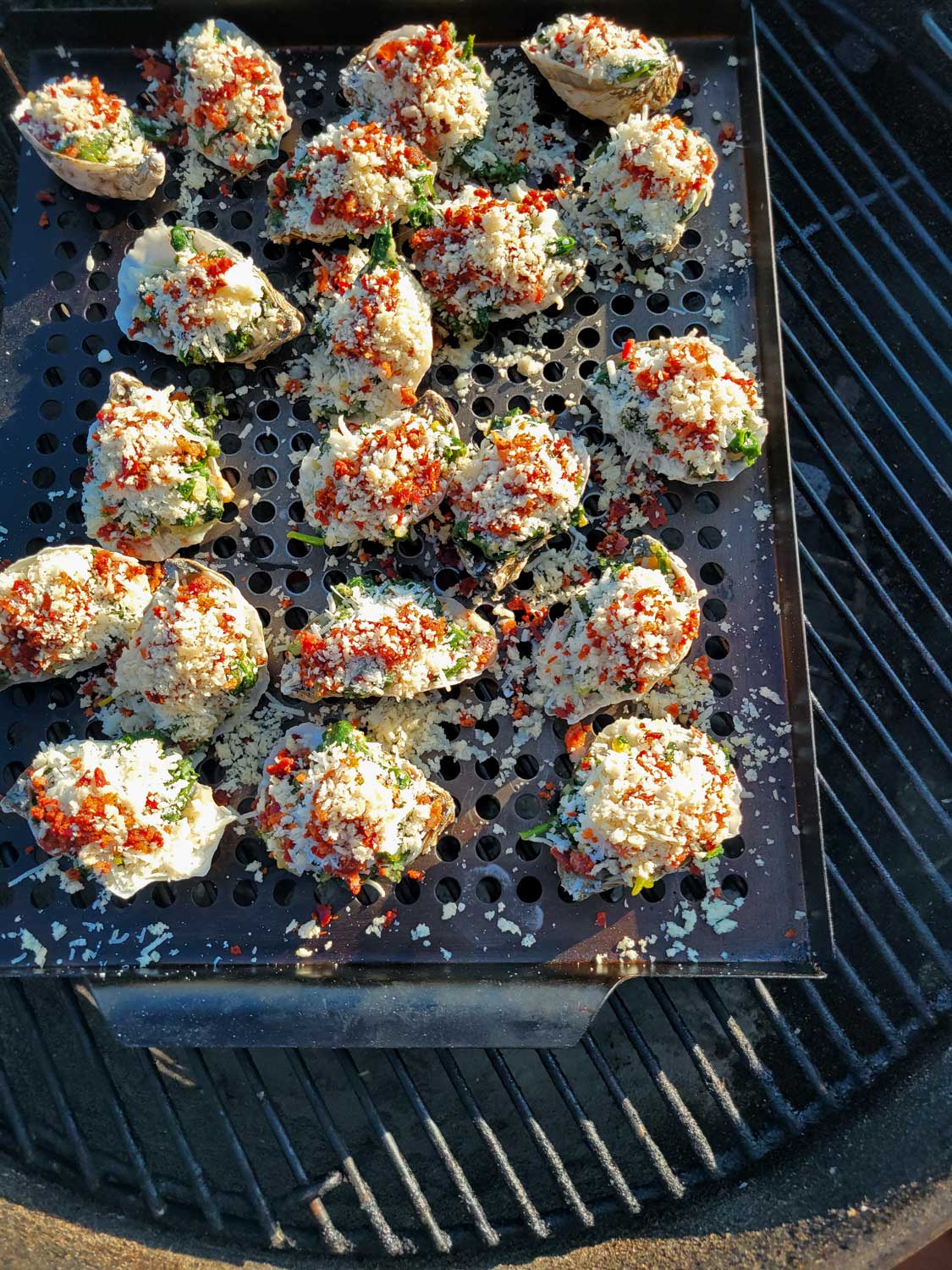 Grilling Oysters Rockefeller on grill pan