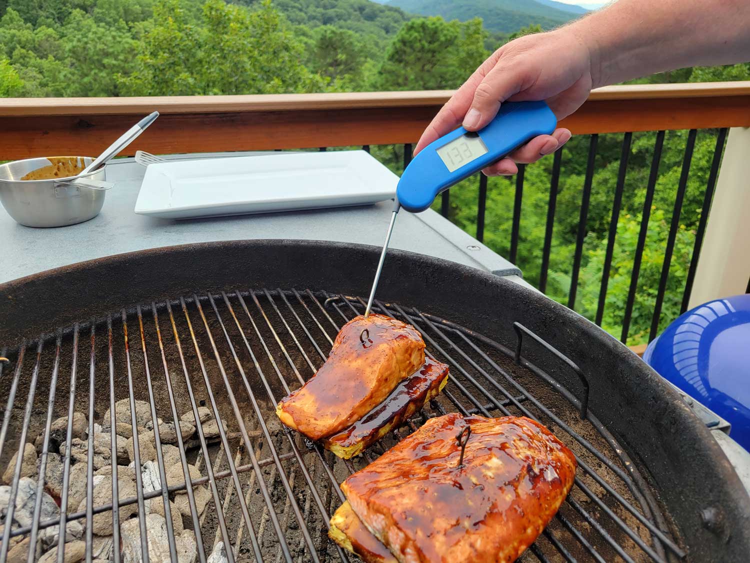 checking internal temp of salmon with instant-read thermometer
