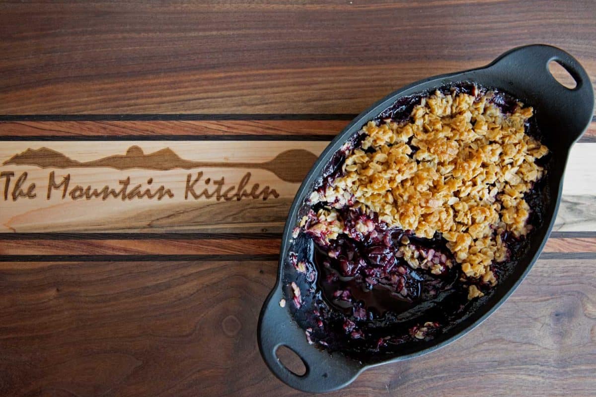 grilled cherry crisp in cast iron dish