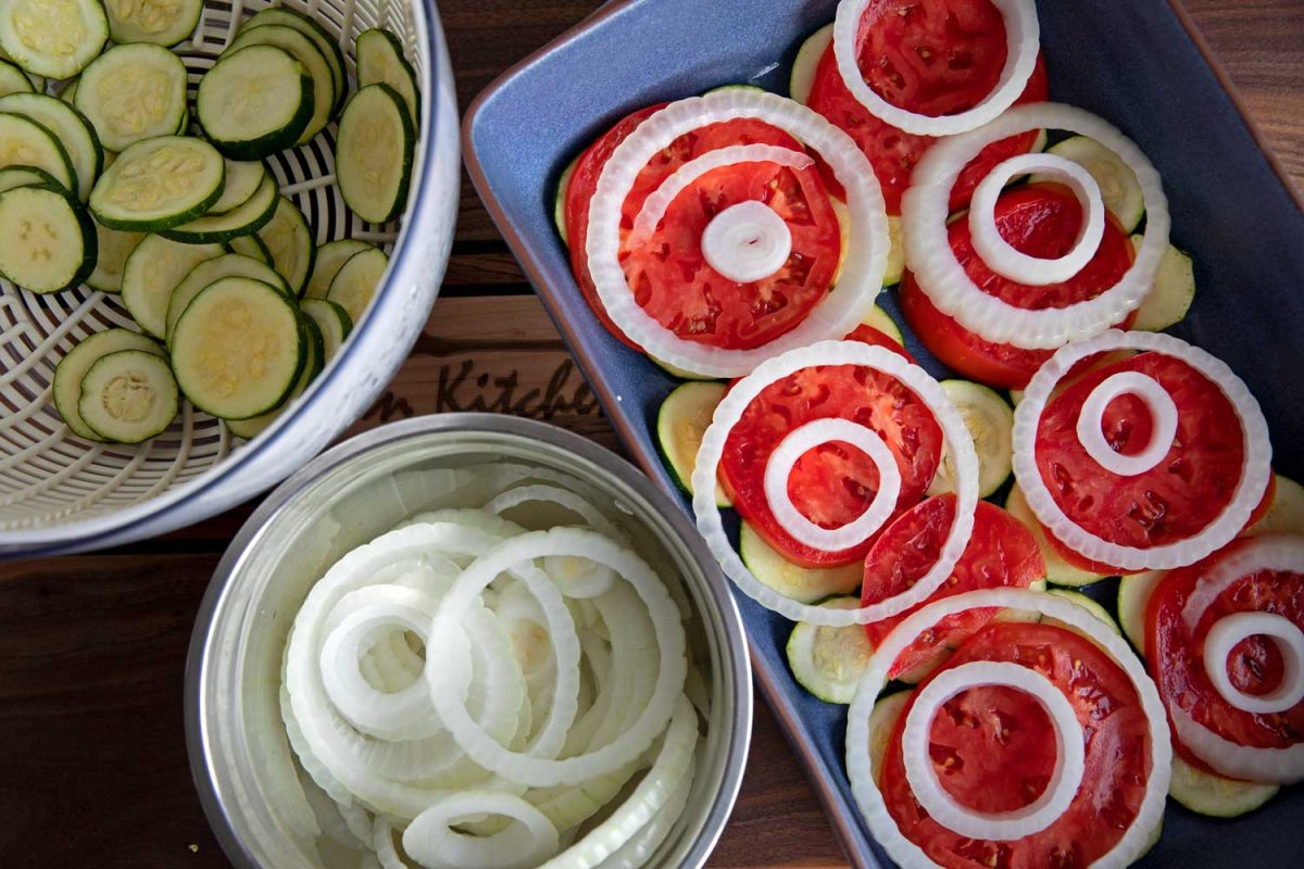 layered vegetables in casserole dish