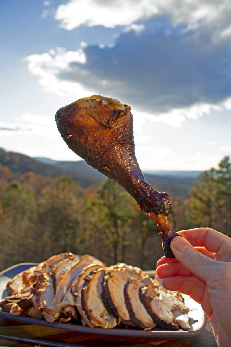 hand holding turkey drumstick above platter of sliced turkey
