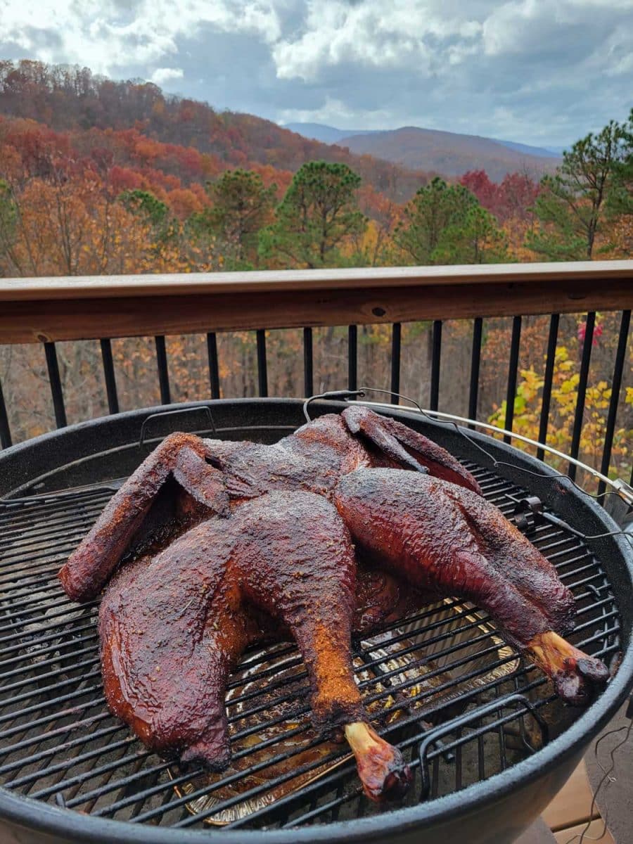 spatchcock smoked turkey on grill