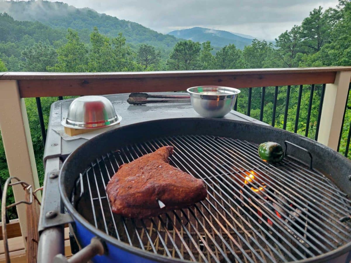 tri tip on grill with poblano pepper