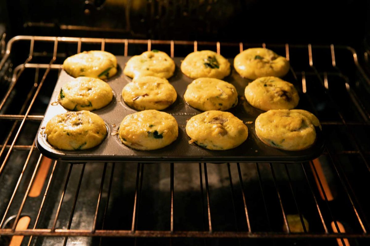 crustless mini quiche baking in oven