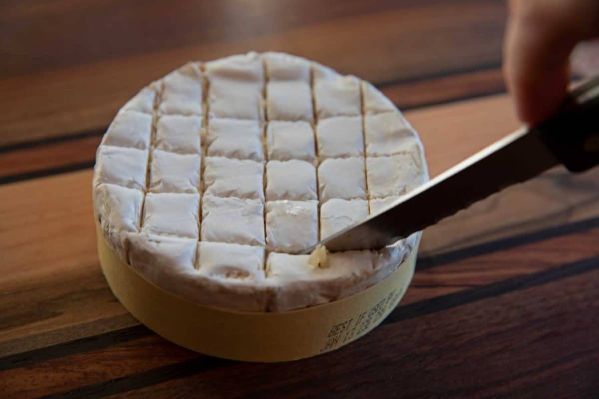 knife cutting crosshatch pattern into brie