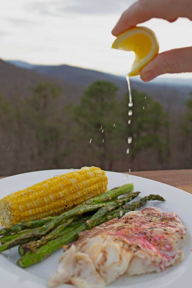 squeezing lemon onto plate of fish