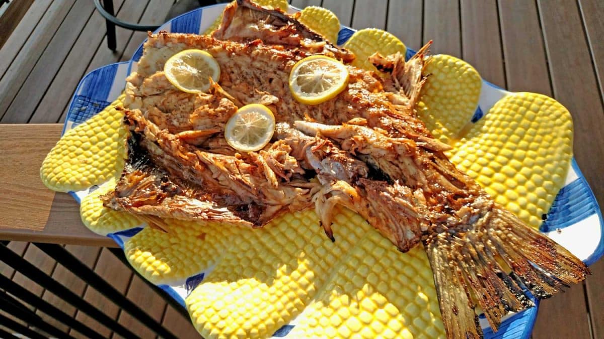 grilled rockfish on platter with lemon slices