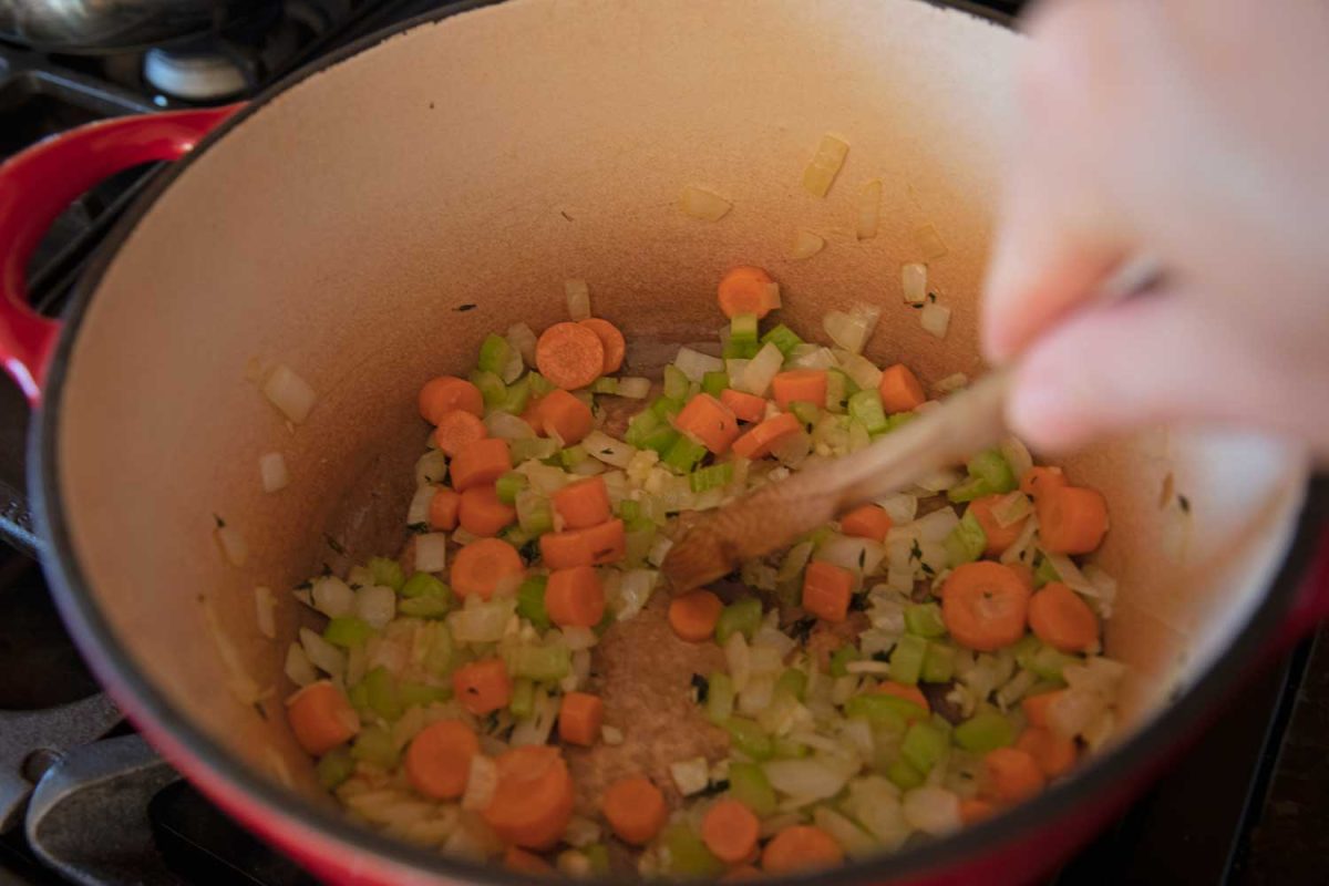 pot of diced veggies on stove