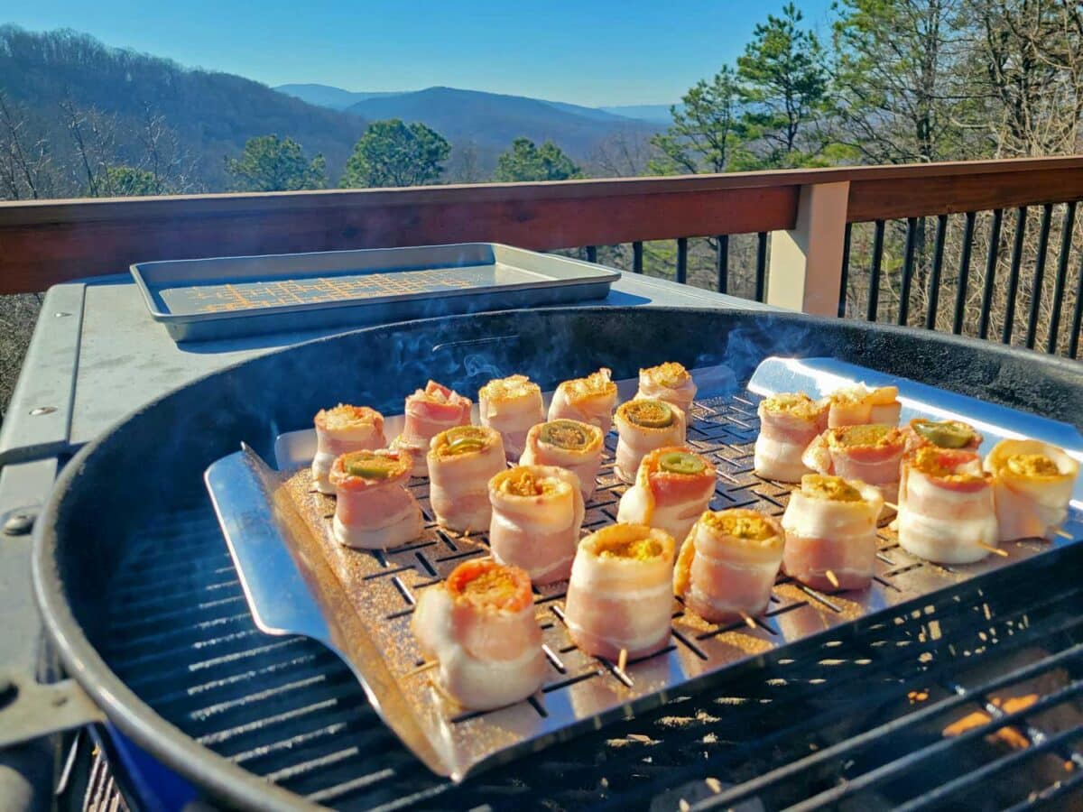 pig shots smoking on grill