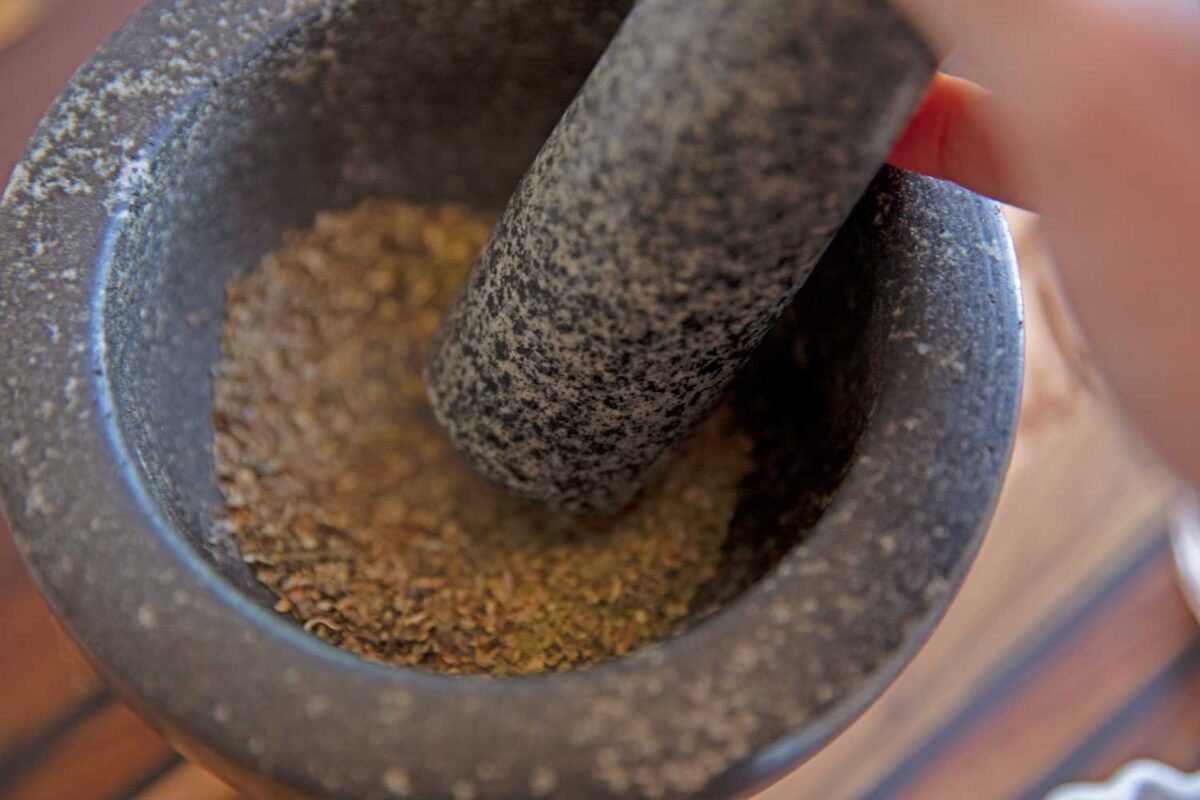 herbs in mortar and pestle