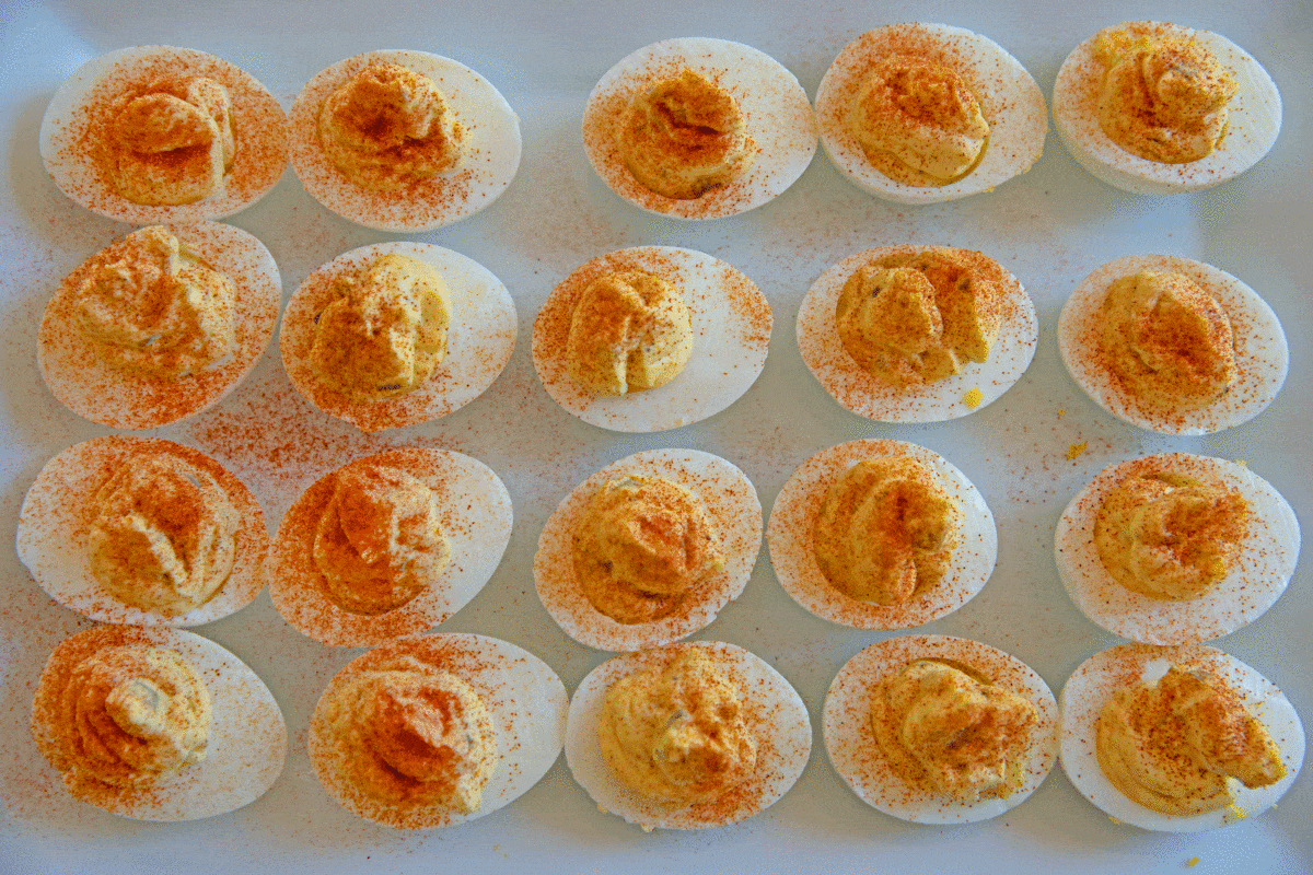 platter of prepared deviled eggs