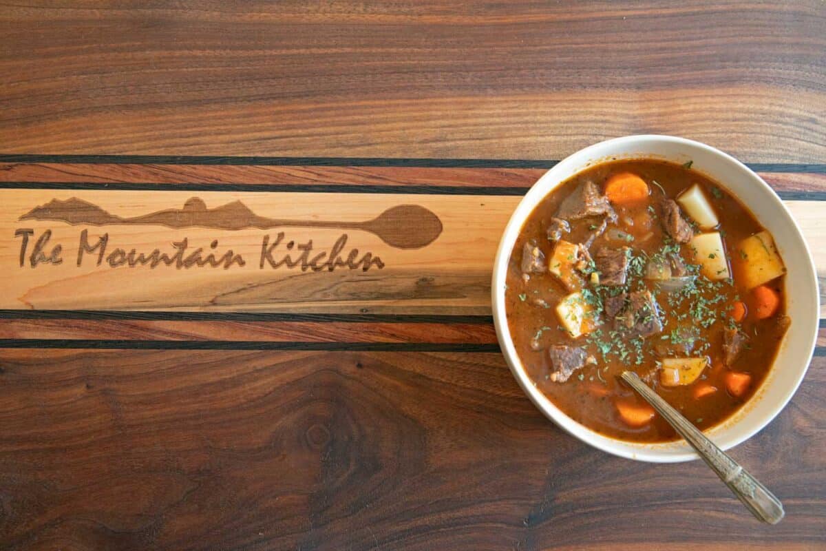 bowl of venison stew with spoon
