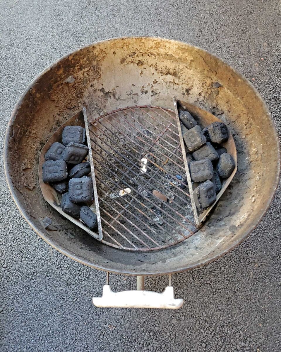 Three-Zone split fire charcoal setup with charcoal baskets