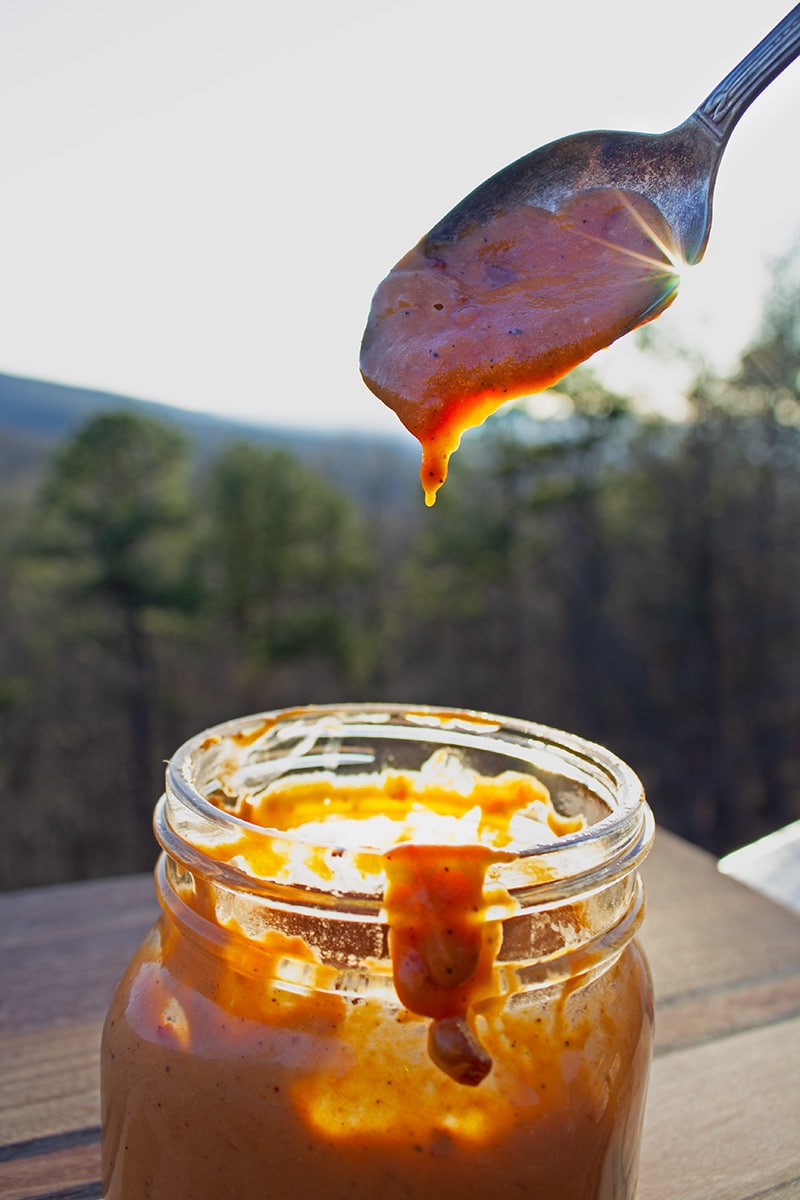 spoon of chipotle bbq cheese sauce