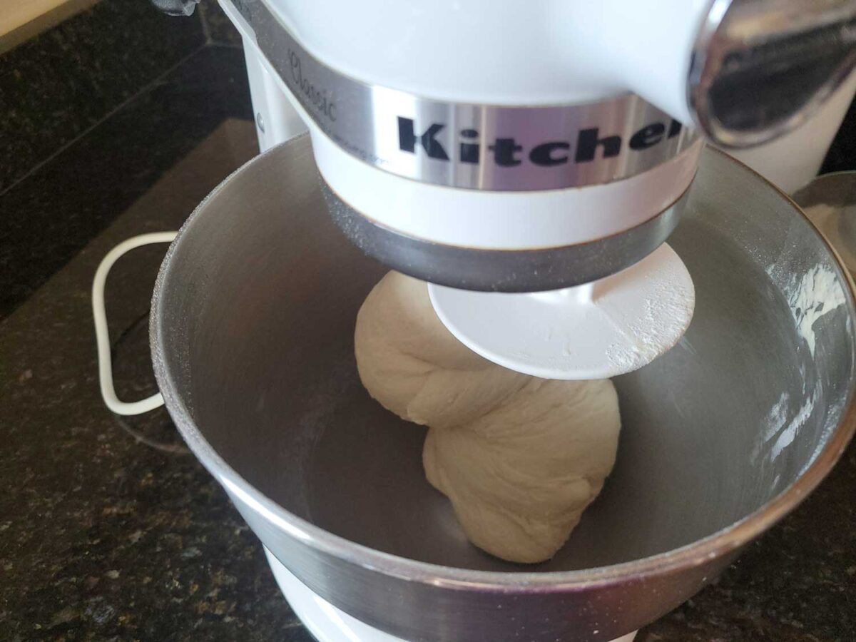 stand mixer kneading bread dough with hook