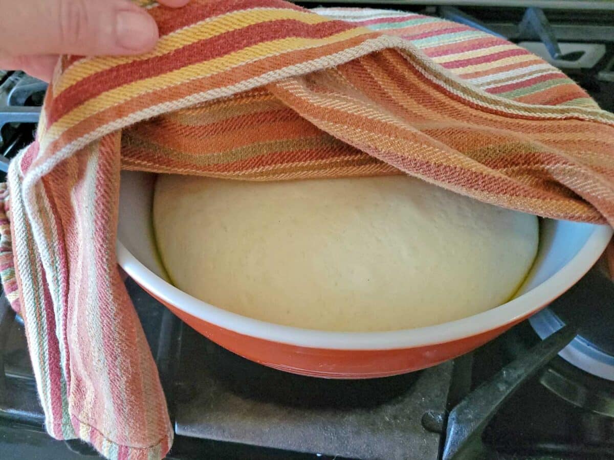 bread dough doubled in size inside bowl