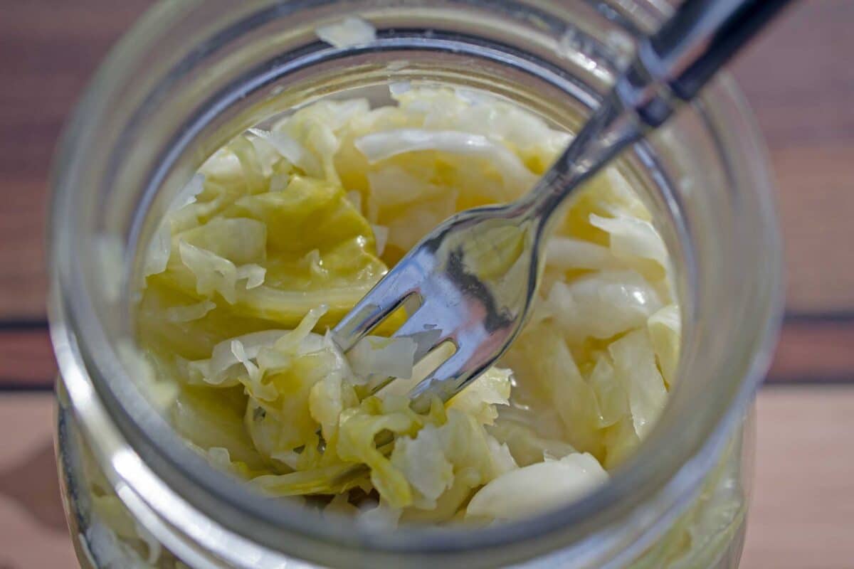 sauerkraut in jar with fork