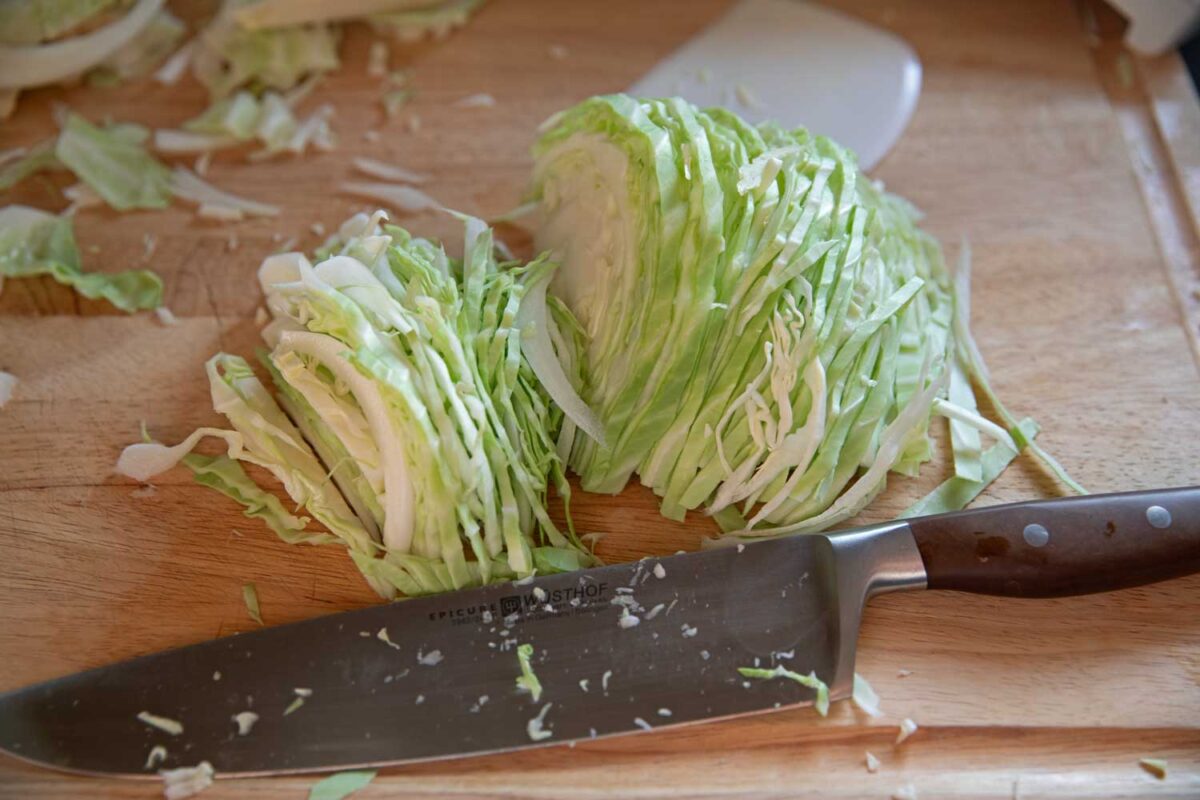 sliced cabbage on cutting board