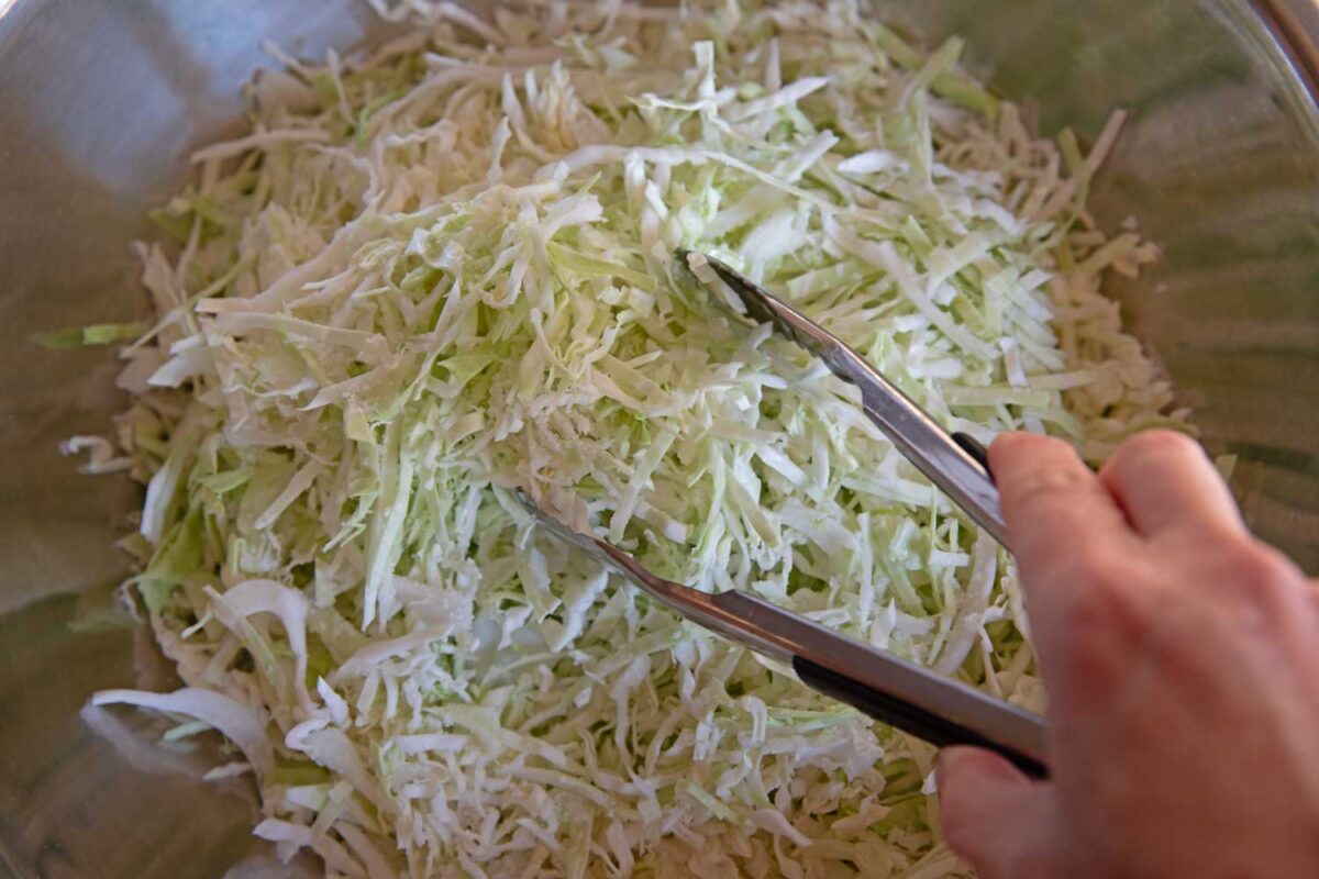 bowl of shredded cabbage with tongs