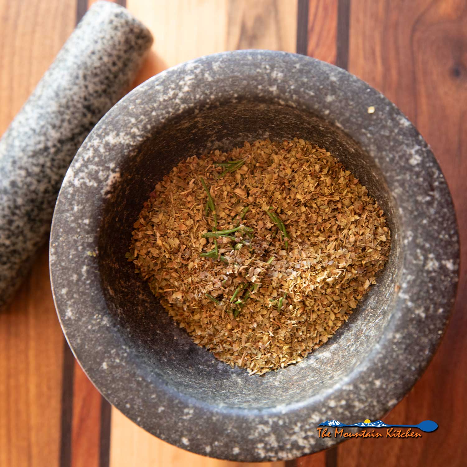 homemade italian seasoning in mortar and pestle