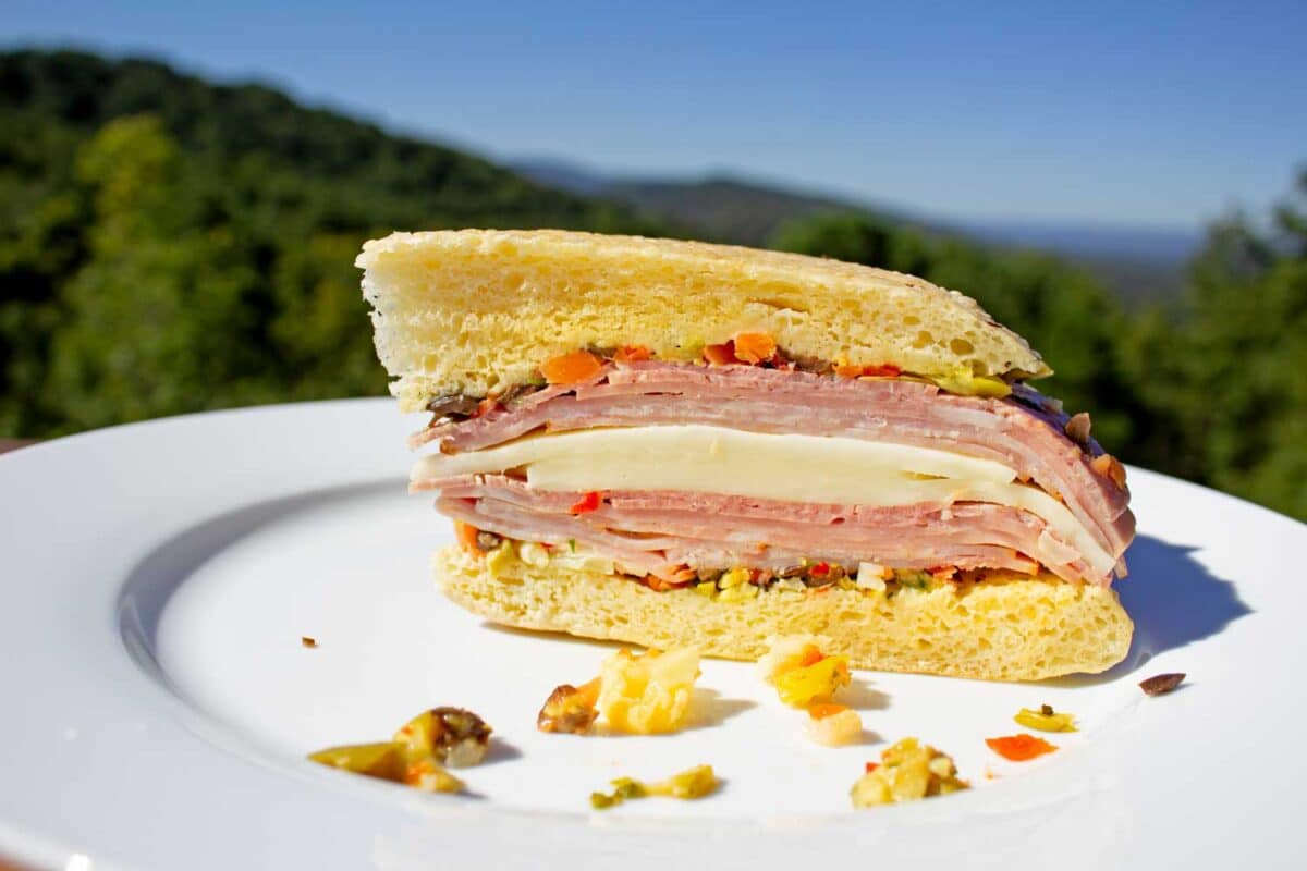 sliced muffuletta sandwich