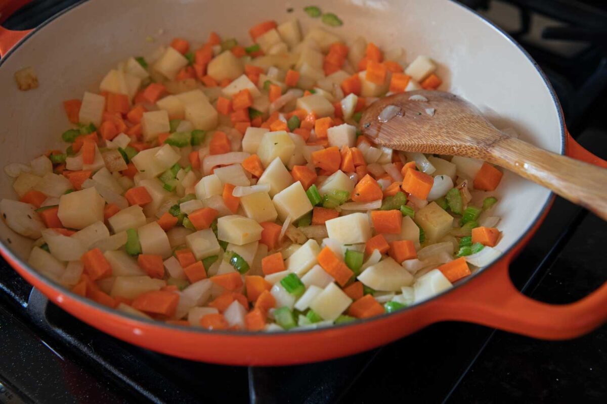 veggies cooking in skillet