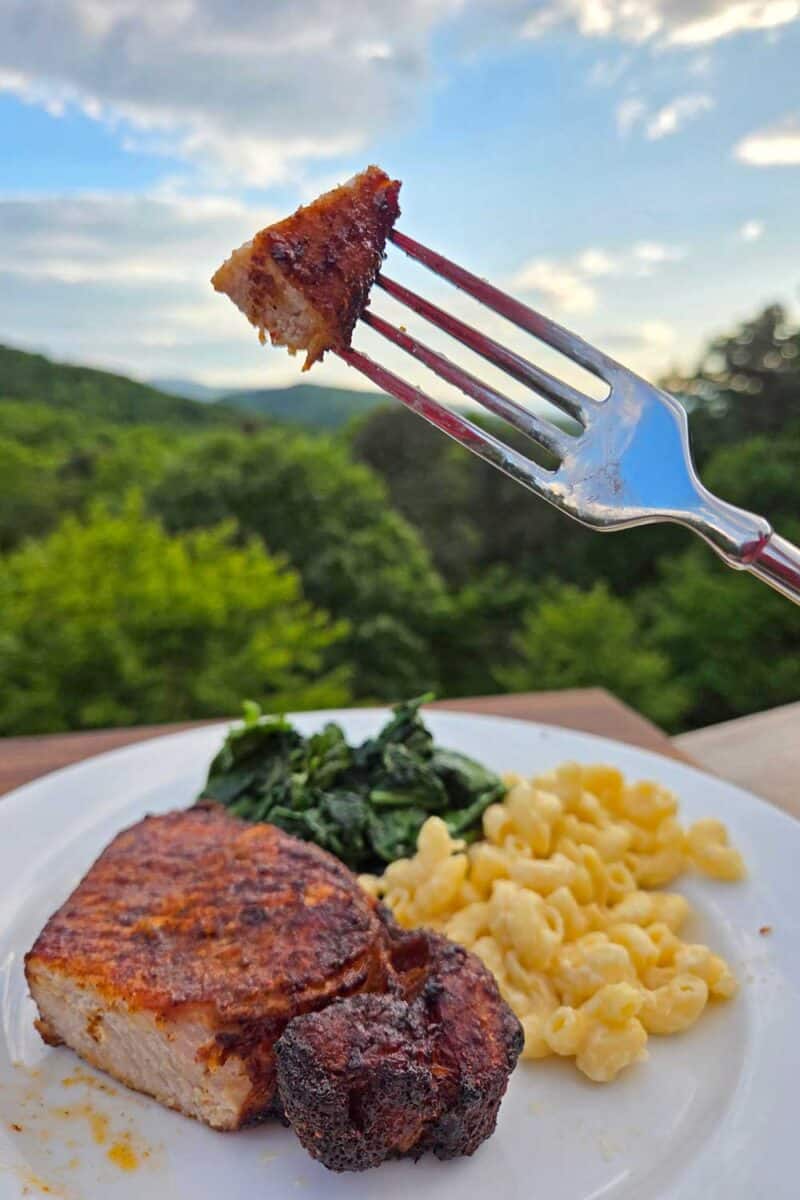 air fryer pork chop bite on fork